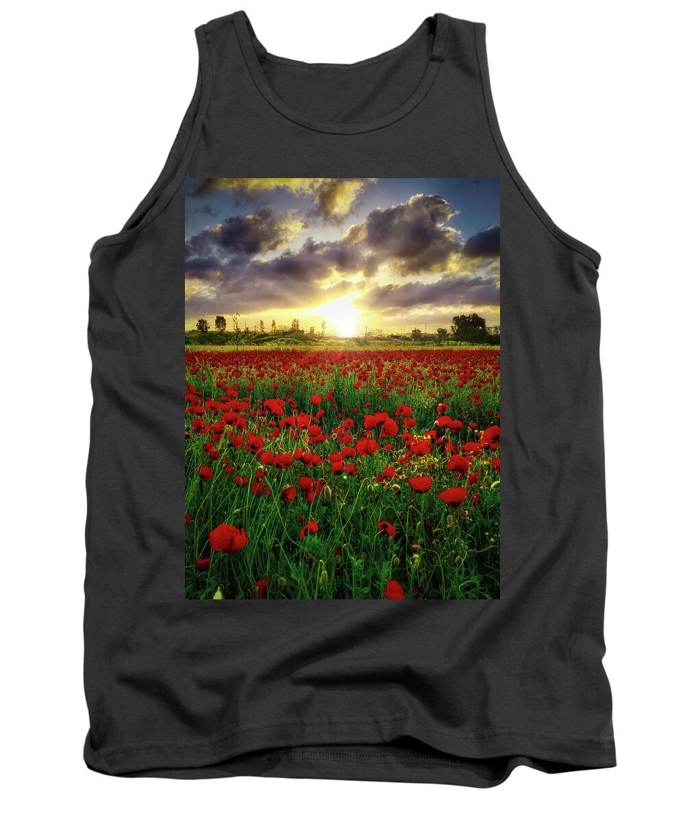 Poppies Tank Top featuring the photograph Field of poppies at sunrise by Meir Ezrachi