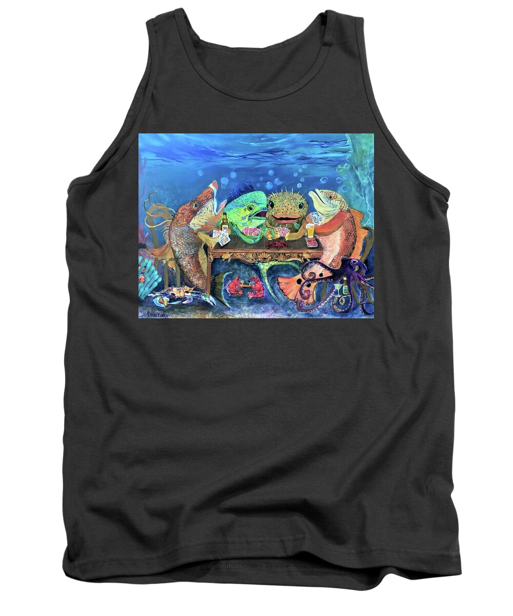 Redfish Tank Top featuring the painting Redfish Poker Time at the Reef Bar by Linda Kegley