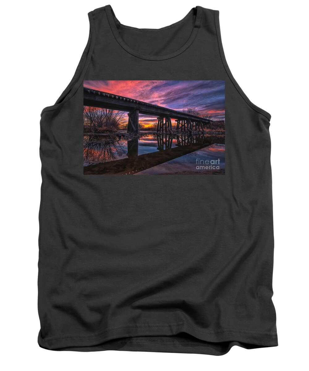 Railroad Tank Top featuring the photograph Reflected Railroad Trestle at Sunset by Christopher Thomas