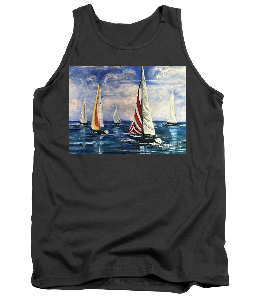 Sailing Yachts Tank Top featuring the painting Regatta of Sailing Yachts ... Delray 2021 by Catherine Ludwig Donleycott
