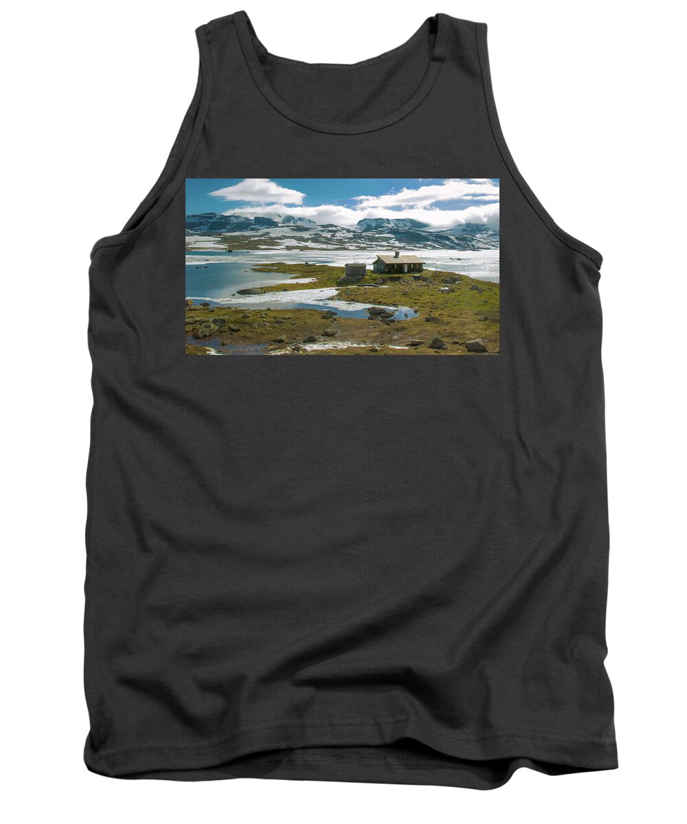 Blue Sky Tank Top featuring the photograph Remote Cabin in Norway by Matthew DeGrushe