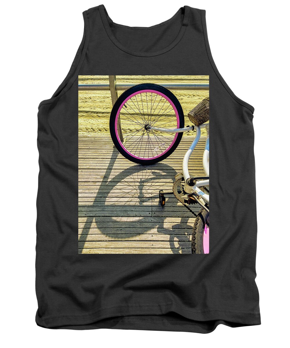 Bike Tank Top featuring the photograph Resting Bike And Shadows On Boardwalk by Gary Slawsky