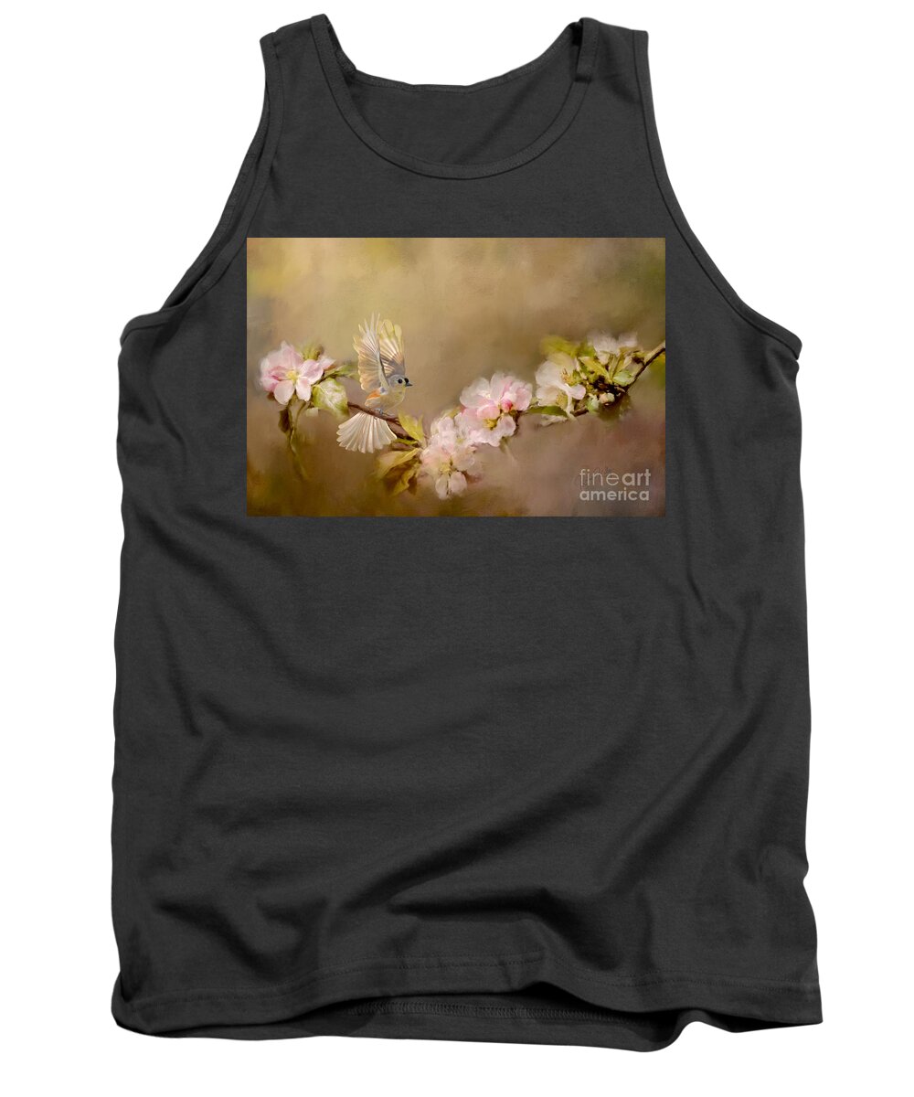 Bird Tank Top featuring the mixed media Romantic Tufted Titmouse by Kathy Kelly