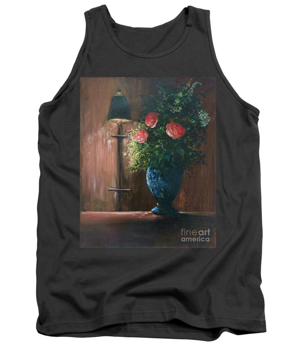 Roses Tank Top featuring the painting Roses in a Blue Vase by Lizzy Forrester