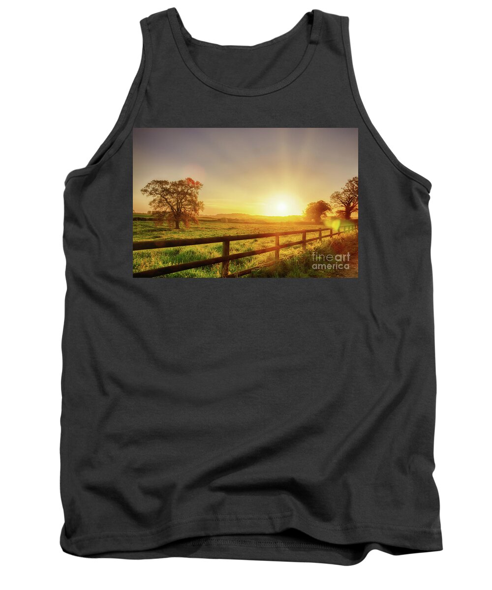 Britain Tank Top featuring the photograph Rural sunrise over fenced field by Simon Bratt
