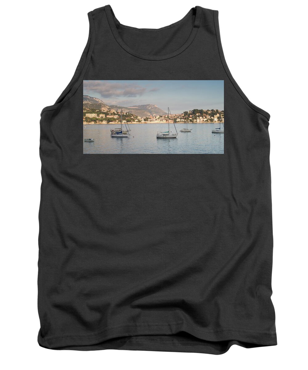 Azur Tank Top featuring the photograph Sailing boats at sunset on Villefranche sur mer in French Riviera by Jean-Luc Farges