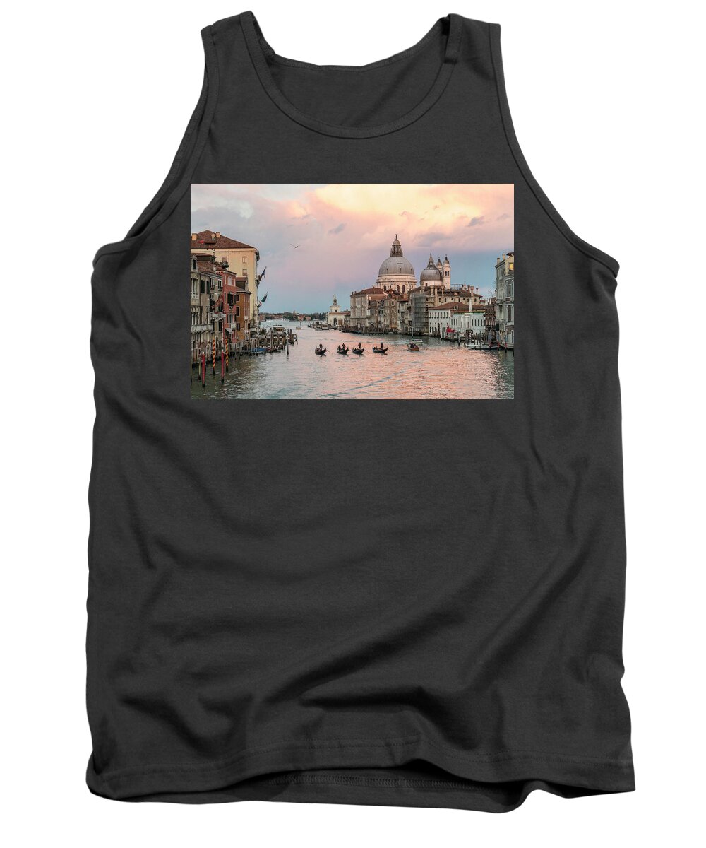 Fine Art Tank Top featuring the photograph Sam_0343 - Four gondolas in the Sunset on the Gran Canal, Venice by Marco Missiaja