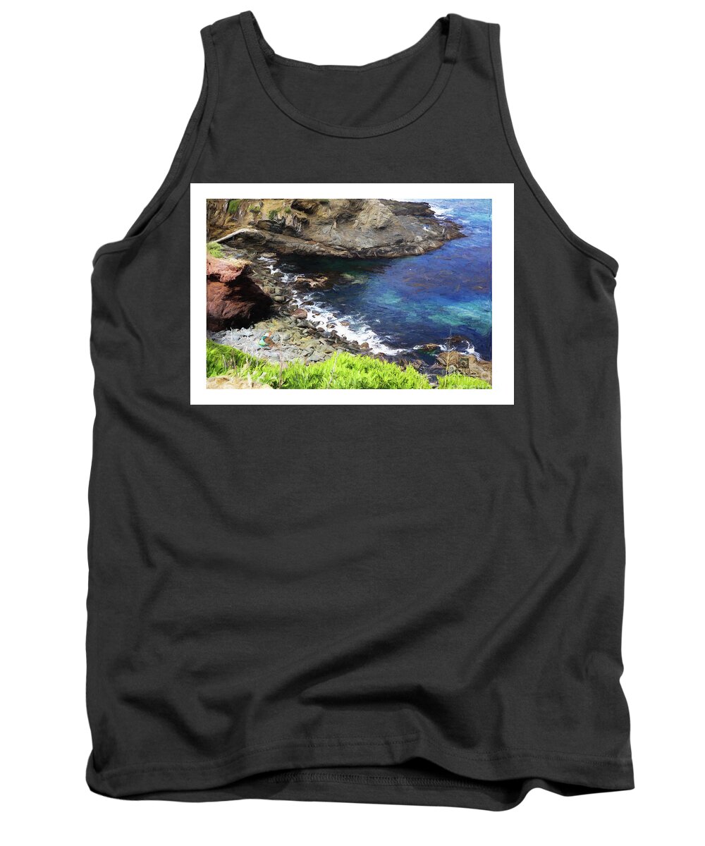Pacific Ocean Tank Top featuring the digital art Sandpail on the Rocks by Deb Nakano