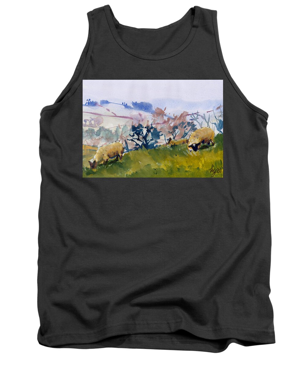Sheep Tank Top featuring the painting Sheep and Dartmoor hillside landscape painting by Mike Jory