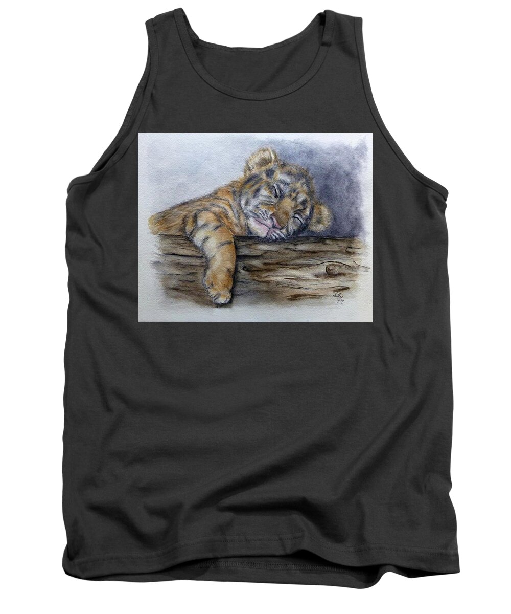 Tiger Cub Tank Top featuring the painting Shhh Tiger Cub is Sleeping by Kelly Mills