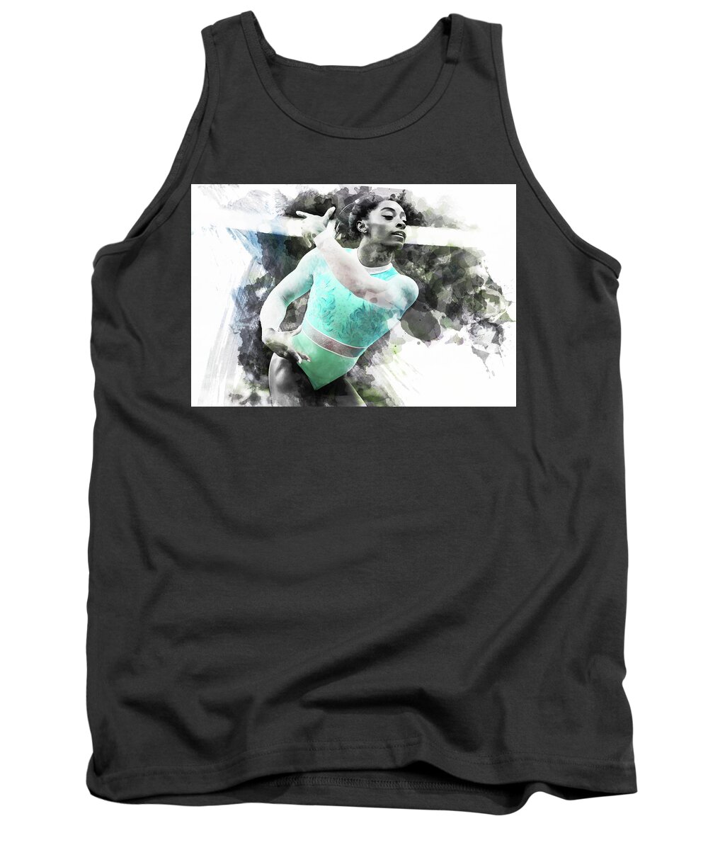 Simone Biles Tank Top featuring the mixed media Simone Biles 7m by Brian Reaves