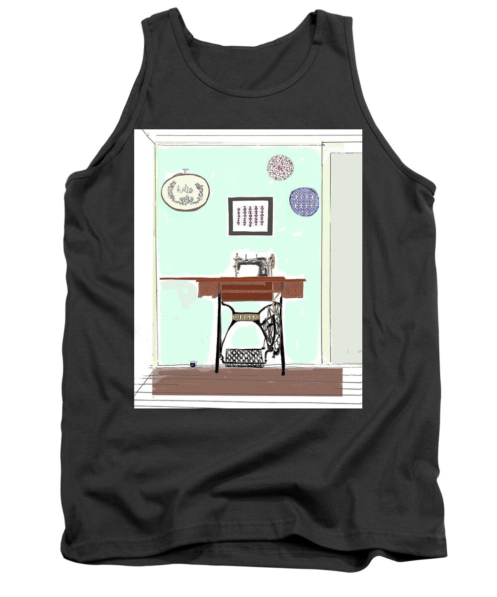 Line Drawing Tank Top featuring the drawing Singer Sewing Machine Scene by Ashley Rice