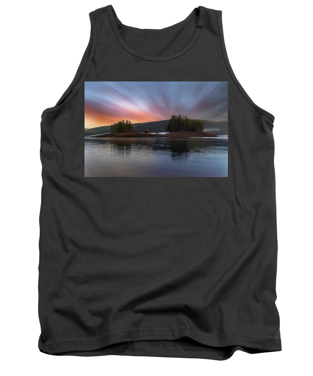 A Long Exposure Sunrise Shot Taken On The Shoreline Of Henkinson Lake Tank Top featuring the photograph Sly Park Sunrise by Devin Wilson