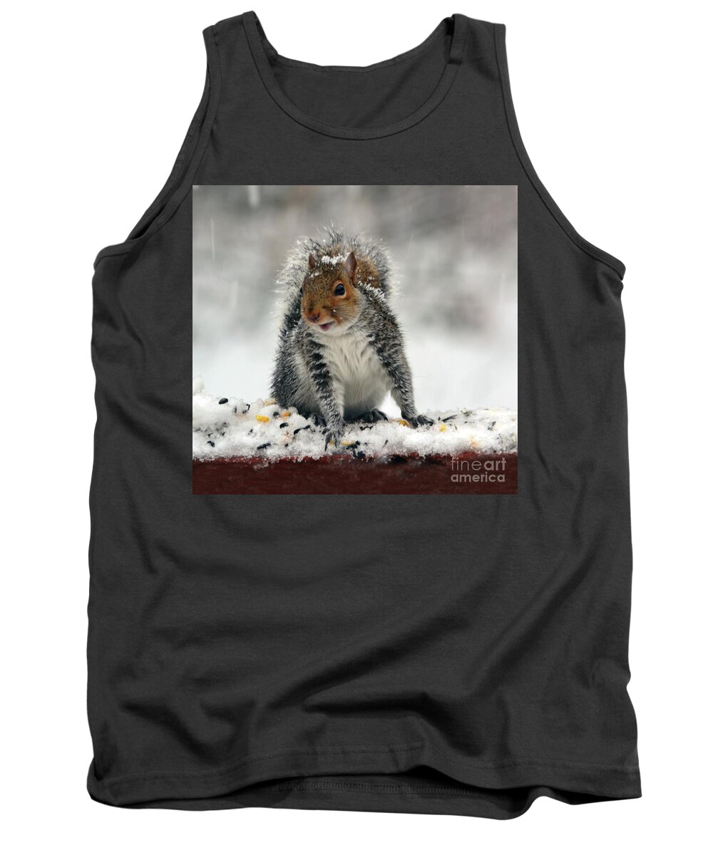 Squirrel Tank Top featuring the photograph Snowy Curious Squirrel by Sea Change Vibes