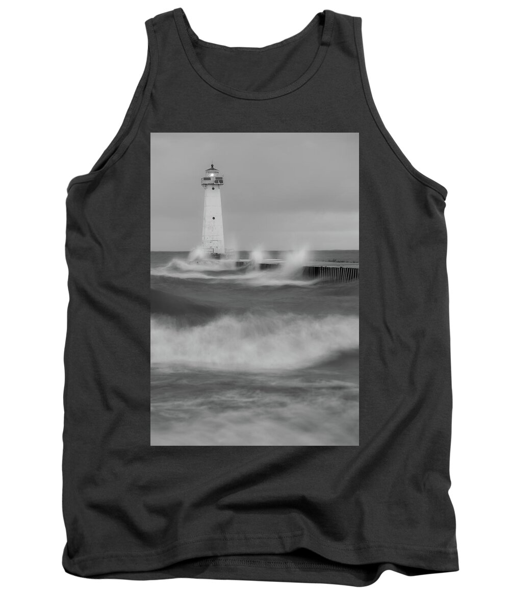America Tank Top featuring the photograph Sodus Bay Lighthouse during a storm. by Kyle Lee