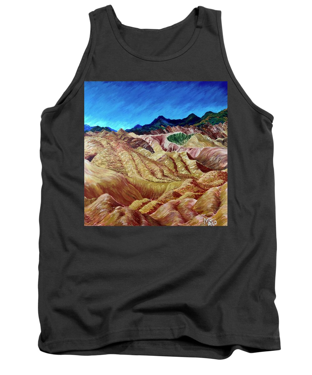 Desert Landscape Tank Top featuring the painting Spilling onto the desert floor. The mountains at Zabriski Point. Death Valley, California. by ArtStudio Mateo