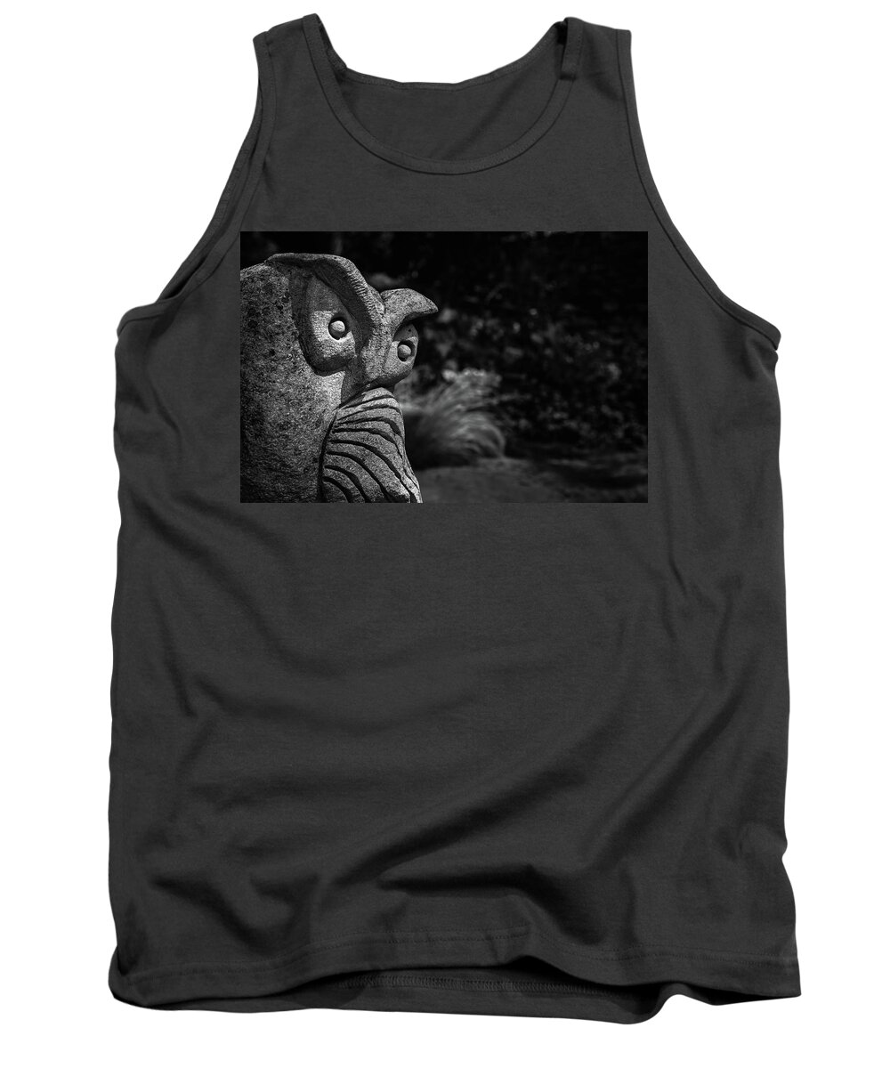 B&w Tank Top featuring the photograph Stone Owl In The Gardens by Mike Schaffner