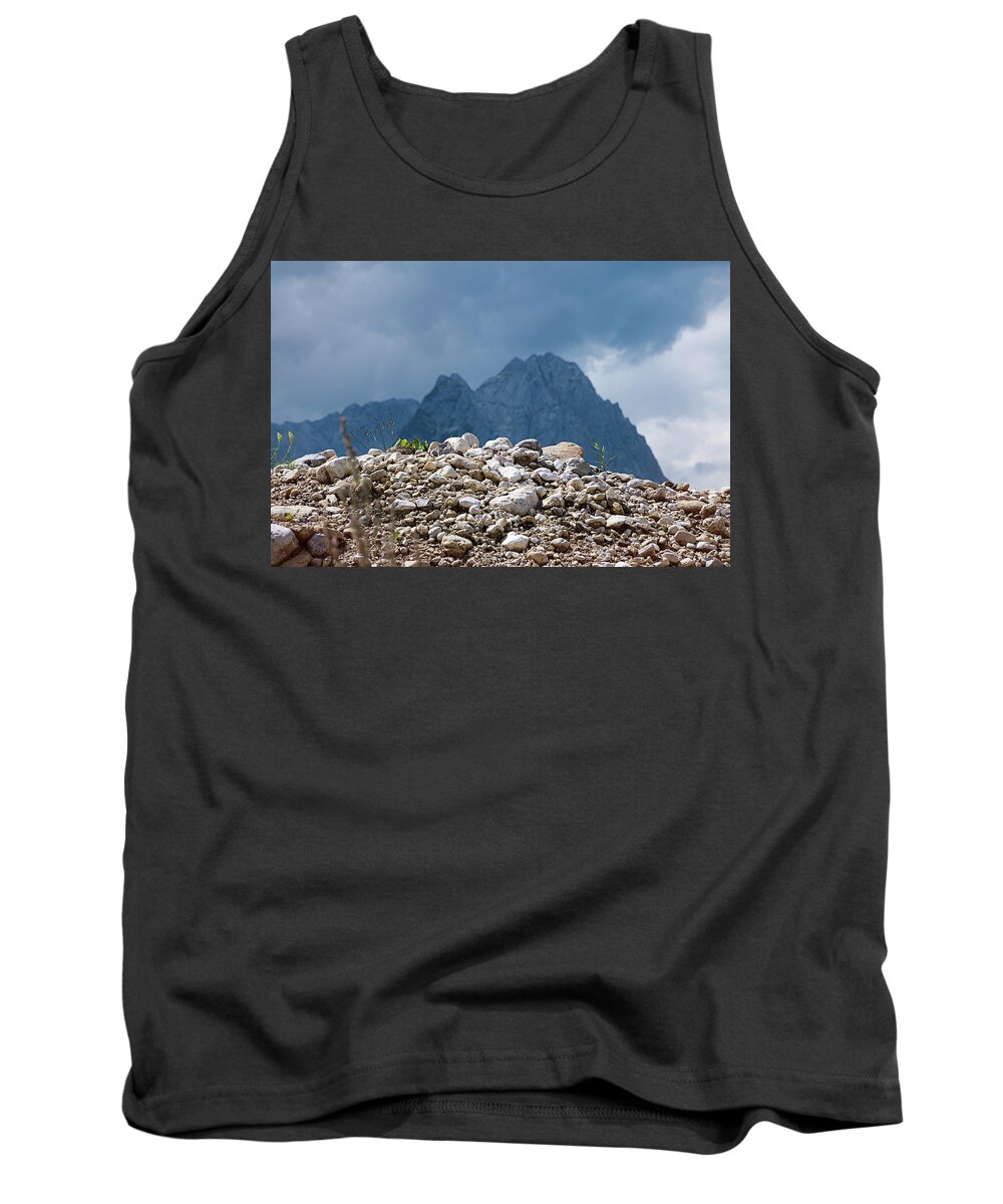 Mountains Tank Top featuring the photograph Stony hill with plants in front of a mountain range. by Bernhard Schaffer