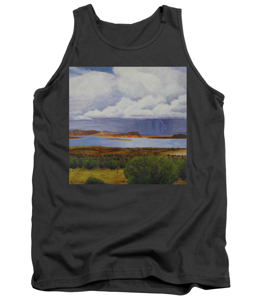 Kim Mcclinton Tank Top featuring the painting Storm at Lake Powell- center panel of three by Kim McClinton