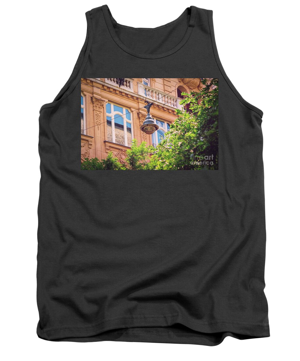 Architecture Tank Top featuring the photograph Street lamp on aerial wires and a beautiful old building by Mendelex Photography