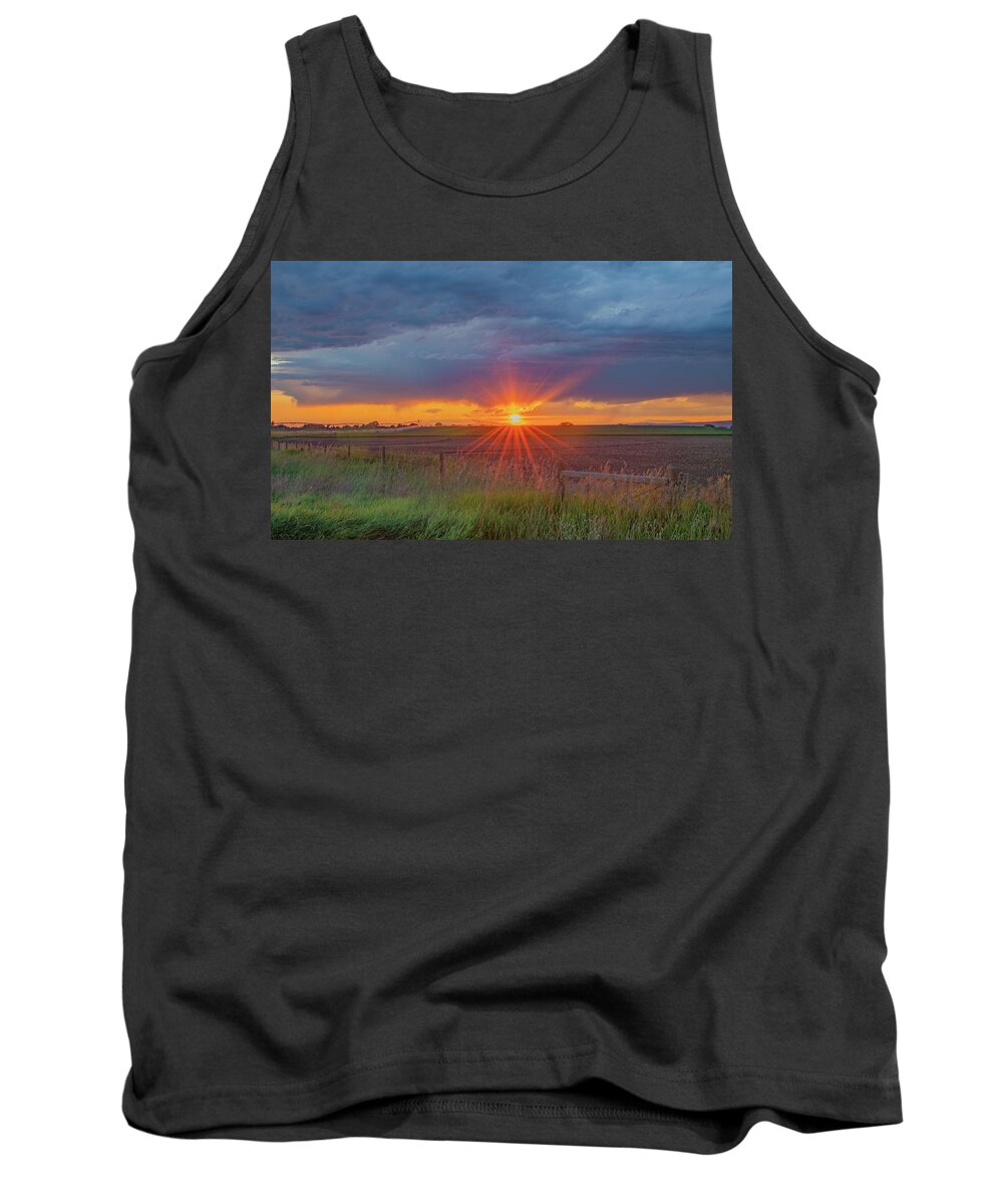 Sunset Tank Top featuring the photograph Summer Sunset on the Farm, Textured by Marcy Wielfaert