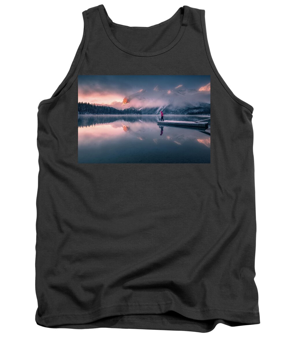 Maligne Tank Top featuring the photograph Sunrise at Fisherman Bay #2 by Henry w Liu