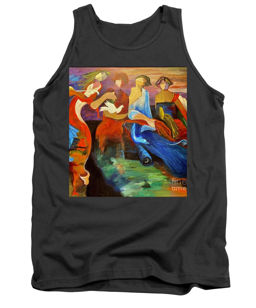 Sisters Soul Symphony Whispy Joyful Music Women Tank Top featuring the painting Symphony of Souls by Kathy Bee for Dotty Brooks