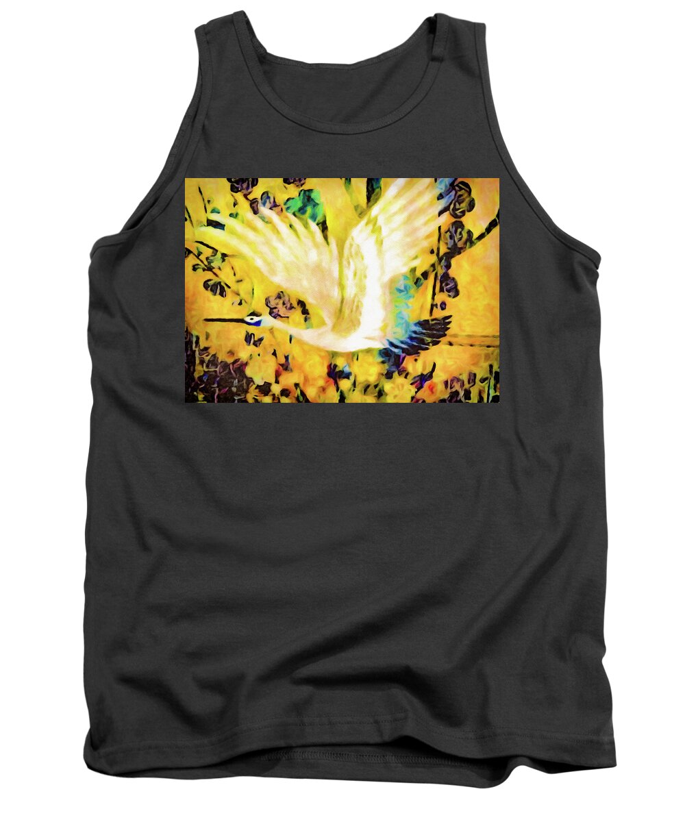 Crane Tank Top featuring the digital art Taking Wing Above the Garden - Kimono Series by Susan Maxwell Schmidt