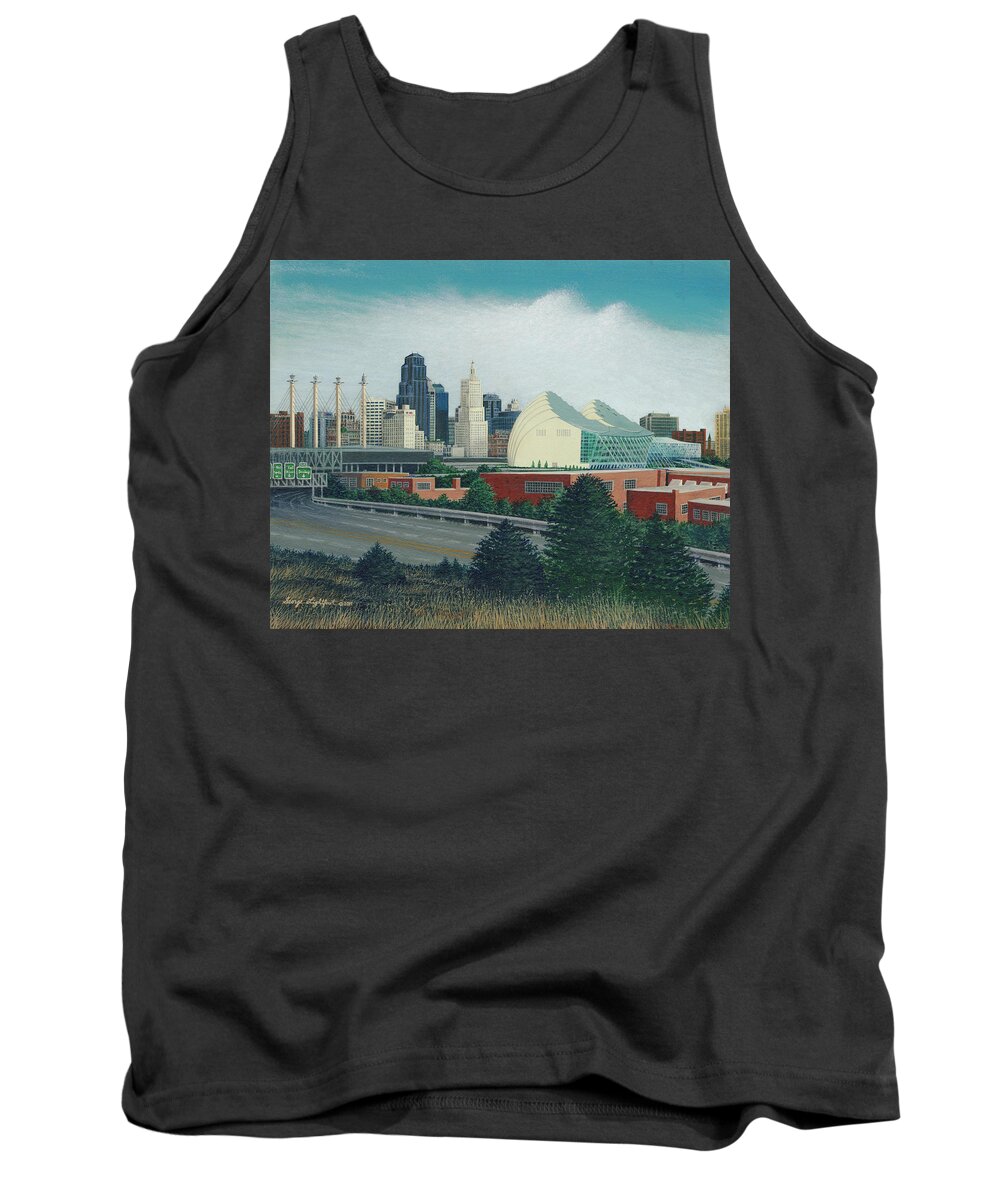 Architectural Cityscape Tank Top featuring the painting The Kauffman Center and K.C.Skyline by George Lightfoot