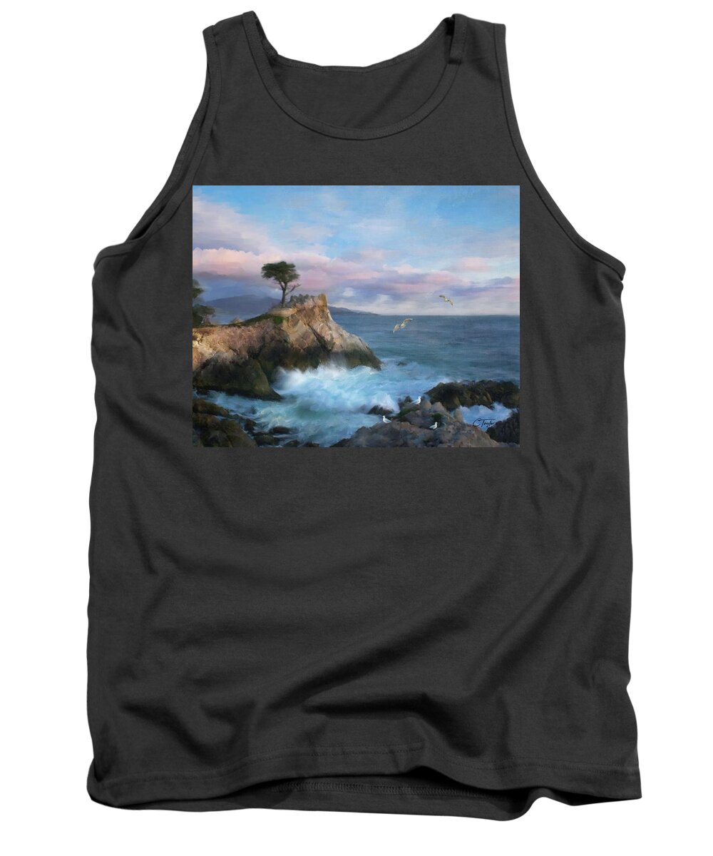 Cypress Point Tank Top featuring the mixed media The Lone Cypress at Cypress Point by Colleen Taylor