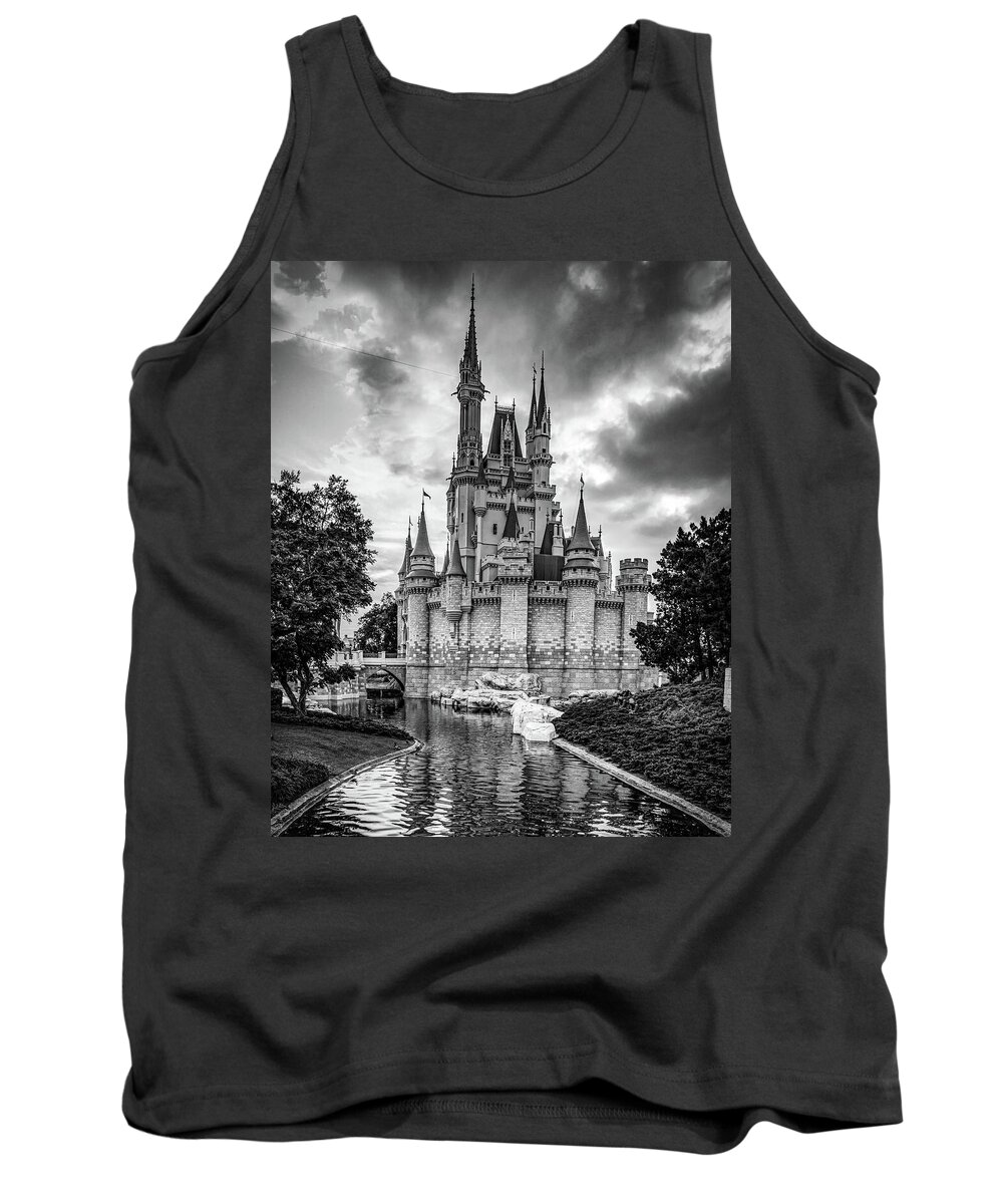 Princess Castle Tank Top featuring the photograph The Magic Kingdom Castle in Black and White - Orlando Florida by Gregory Ballos