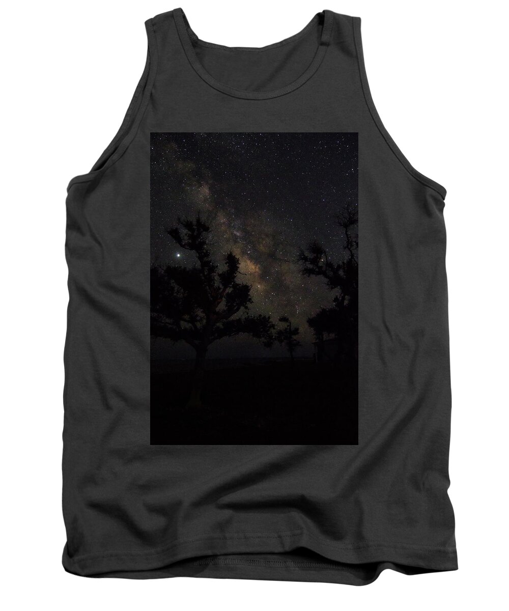 Milky Way Tank Top featuring the photograph The Milky Way and Tree Silhouettes by Bob Decker