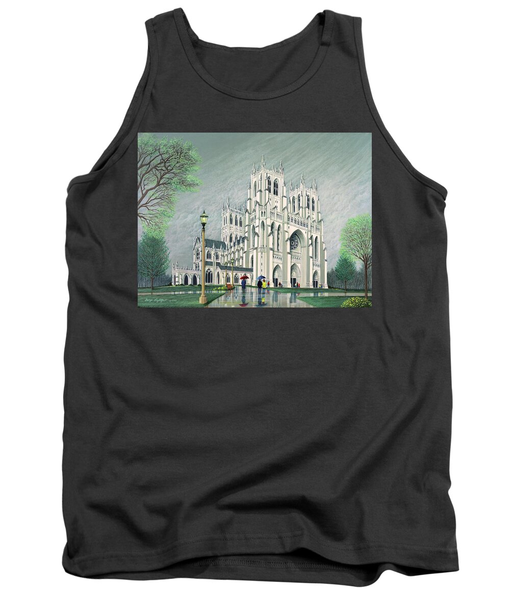 Architectural Landscape Tank Top featuring the painting The National Cathedral. by George Lightfoot