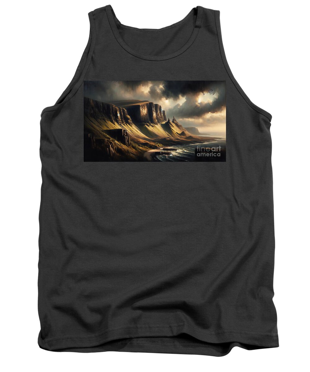 Scottish Tank Top featuring the painting The rugged cliffs of the Scottish Highlands, under a stormy sky in a traditional oil painting style. by Jeff Creation