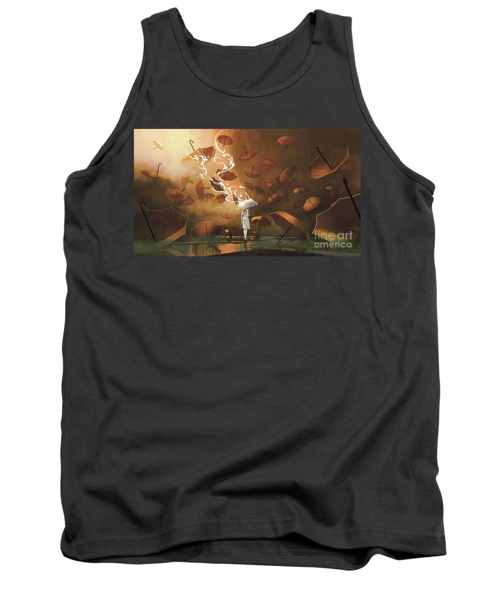 Illustration Tank Top featuring the painting The White Umbrella by Tithi Luadthong