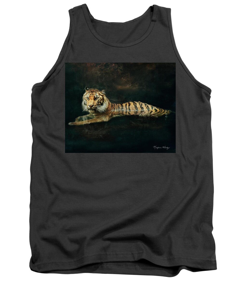 Texture Tank Top featuring the photograph Tiger In Water by Marjorie Whitley