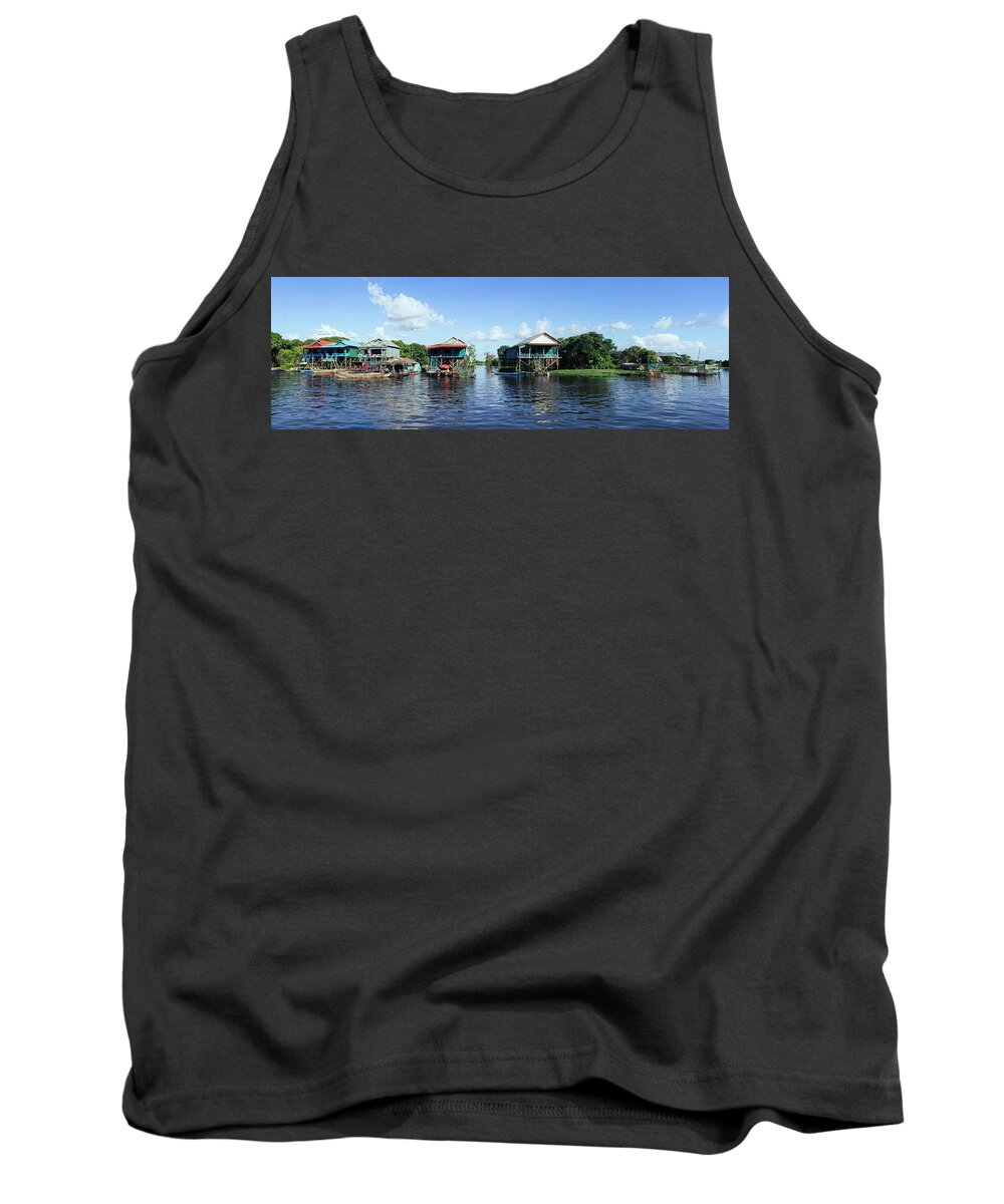 Panoramic Tank Top featuring the photograph Tonlesap lake cambodia floating village 2 by Sonny Ryse