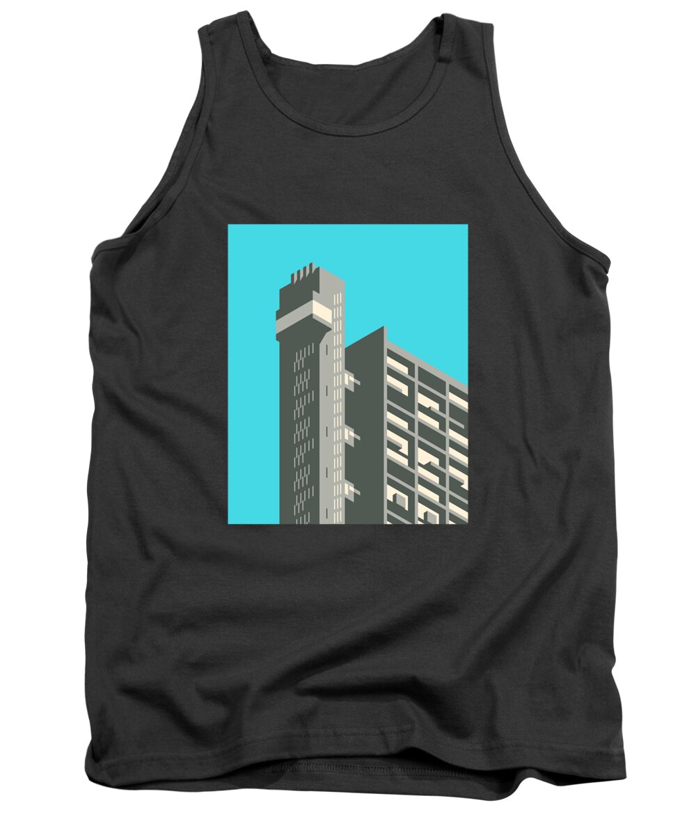 Trellick Tank Top featuring the digital art Trellick Tower London Brutalist Architecture - Cyan by Organic Synthesis