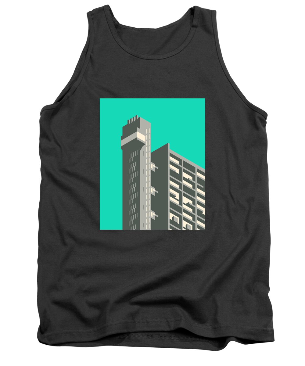 Trellick Tank Top featuring the digital art Trellick Tower London Brutalist Architecture - Turquoise by Organic Synthesis