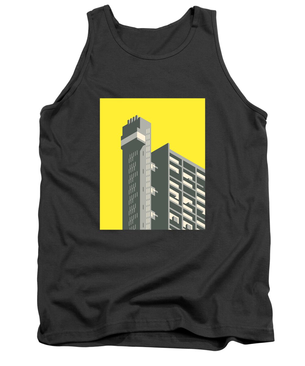Trellick Tank Top featuring the digital art Trellick Tower London Brutalist Architecture - Yellow by Organic Synthesis