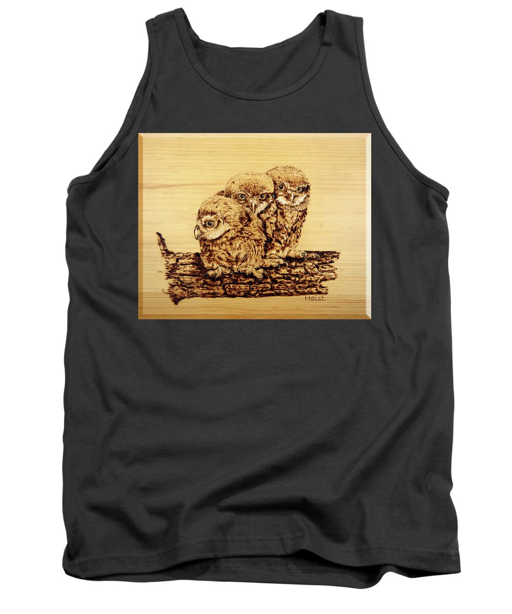 Owl Tank Top featuring the pyrography Tres Amigos by Ron Haist