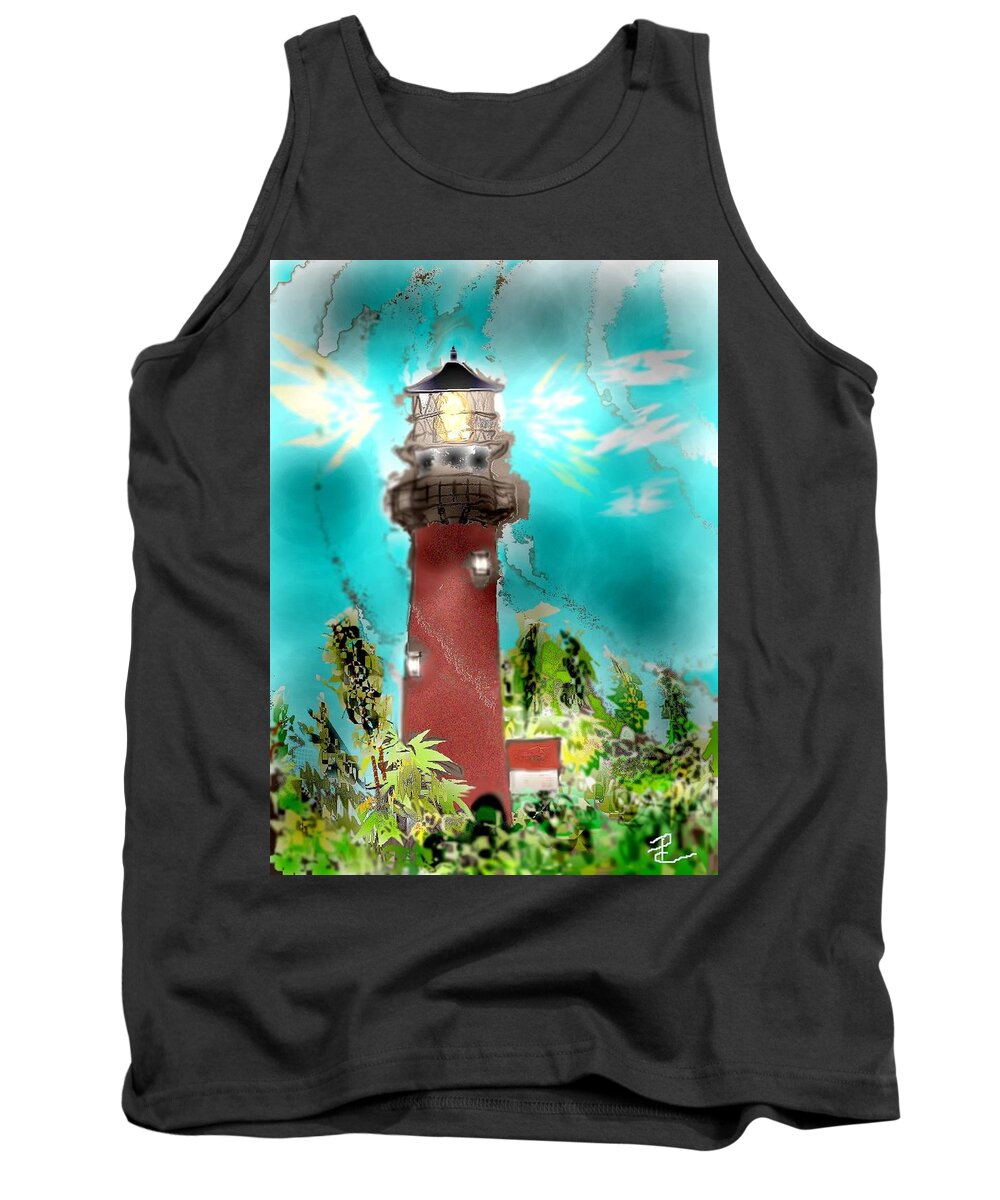 Jupiter Inlet Lighthouse Sketch Tank Top featuring the mixed media Twilight Safe Harbor by Pamela Calhoun