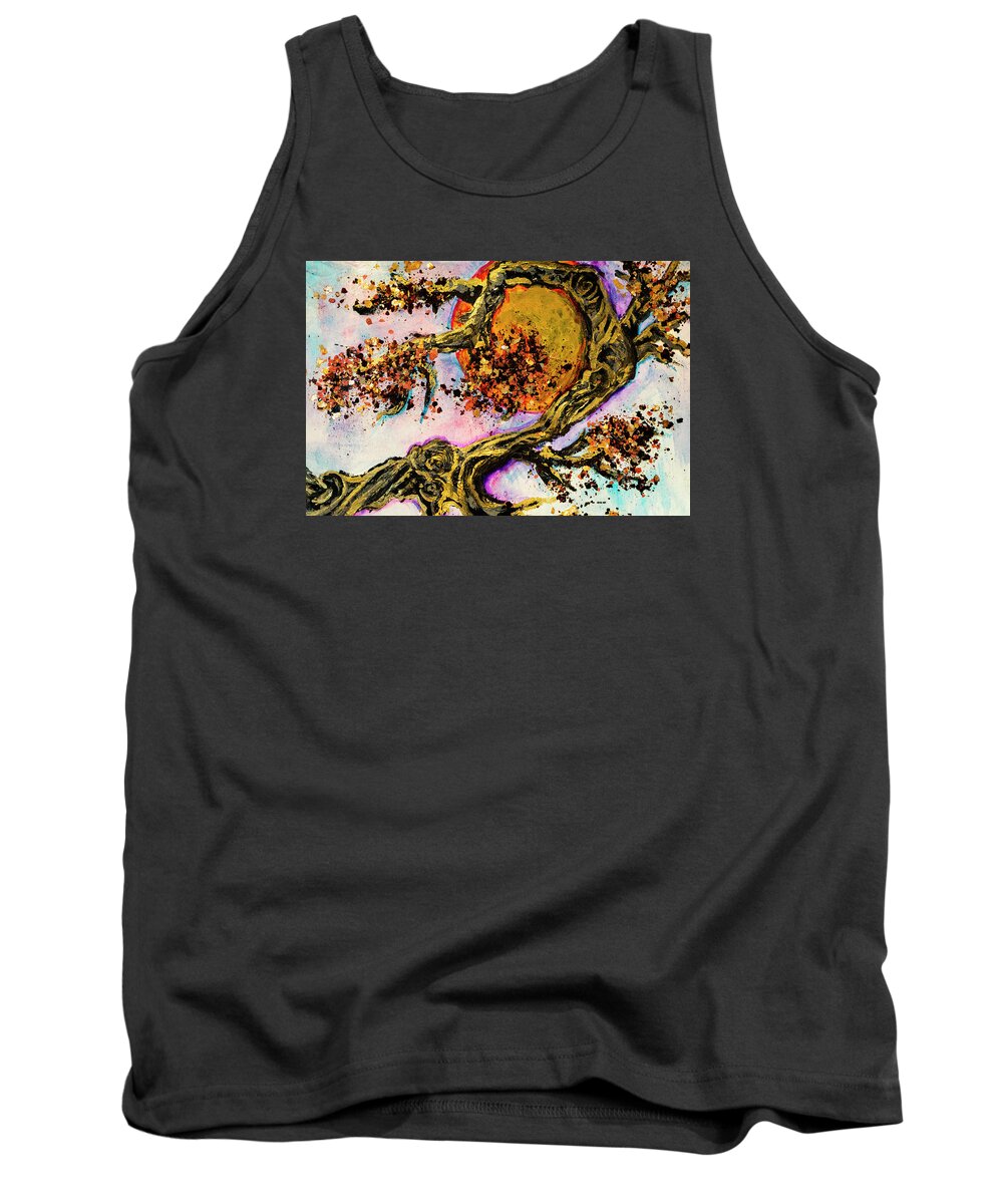 Landscape Tank Top featuring the mixed media Twisting Tree to the Sunrise by Joanne Herrmann