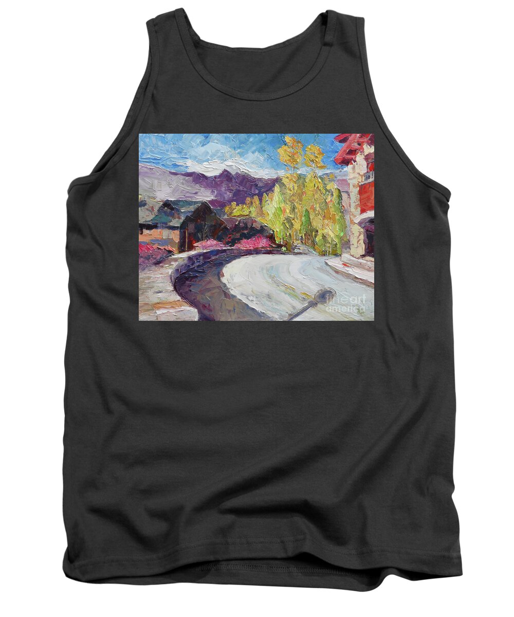 Telluride Village Tank Top featuring the painting Village Bridge, 2018 by PJ Kirk