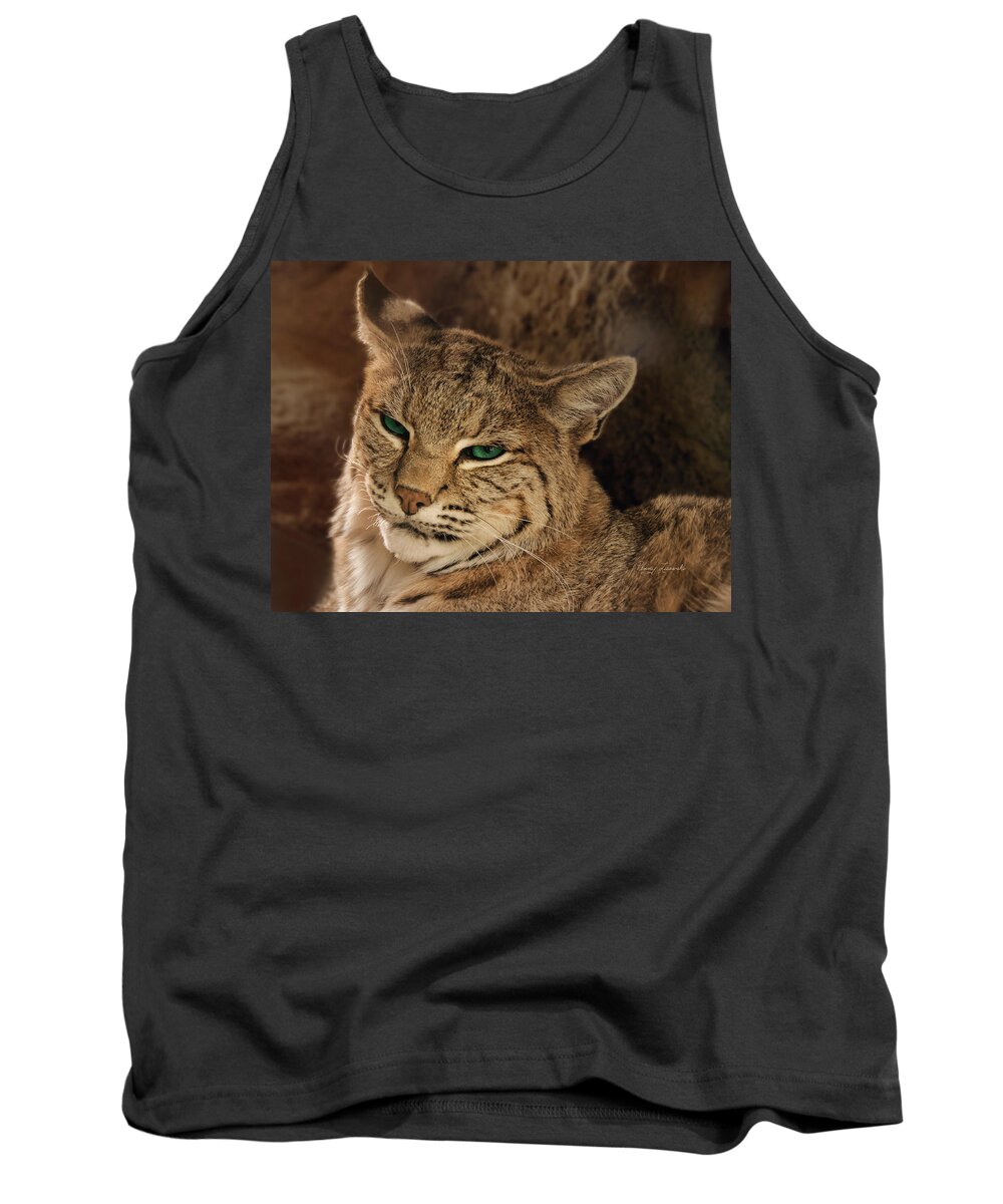 Penny Lisowski Tank Top featuring the photograph Wary Bobcat by Penny Lisowski