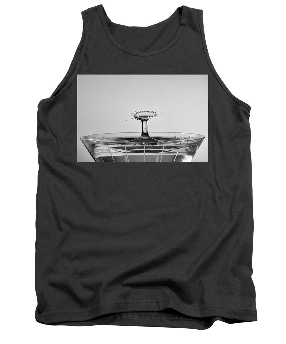 North Wilkesboro Tank Top featuring the photograph Water Drops Collide Over Martini Glass Monochrome by Charles Floyd