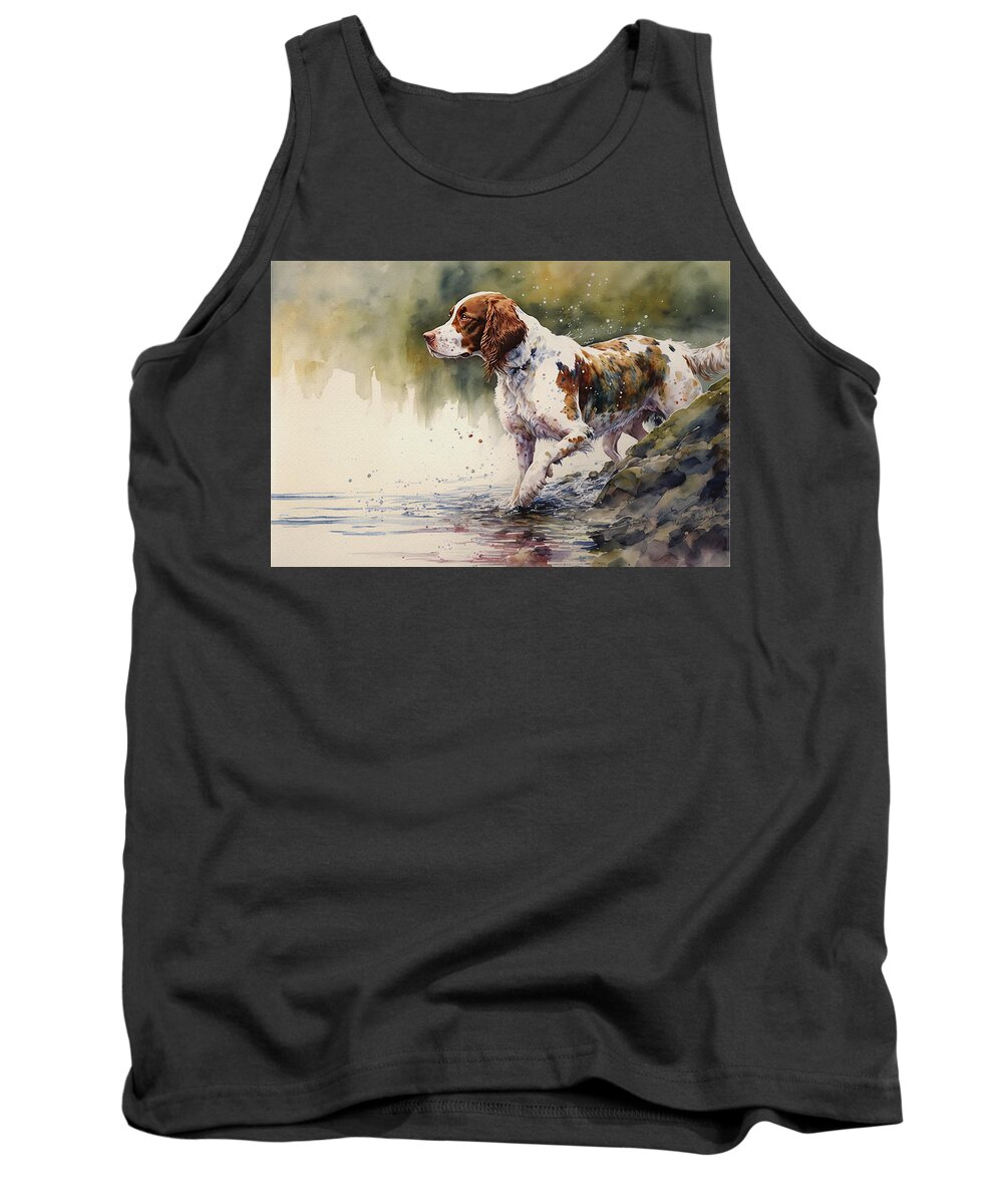 Dog Tank Top featuring the painting Welsh Springer Spaniel by the River by Kai Saarto