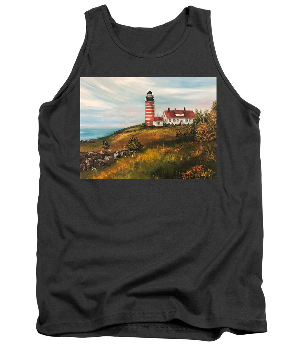Beach Tank Top featuring the painting West Quoddy Head Lighthouse by Barbara Landry