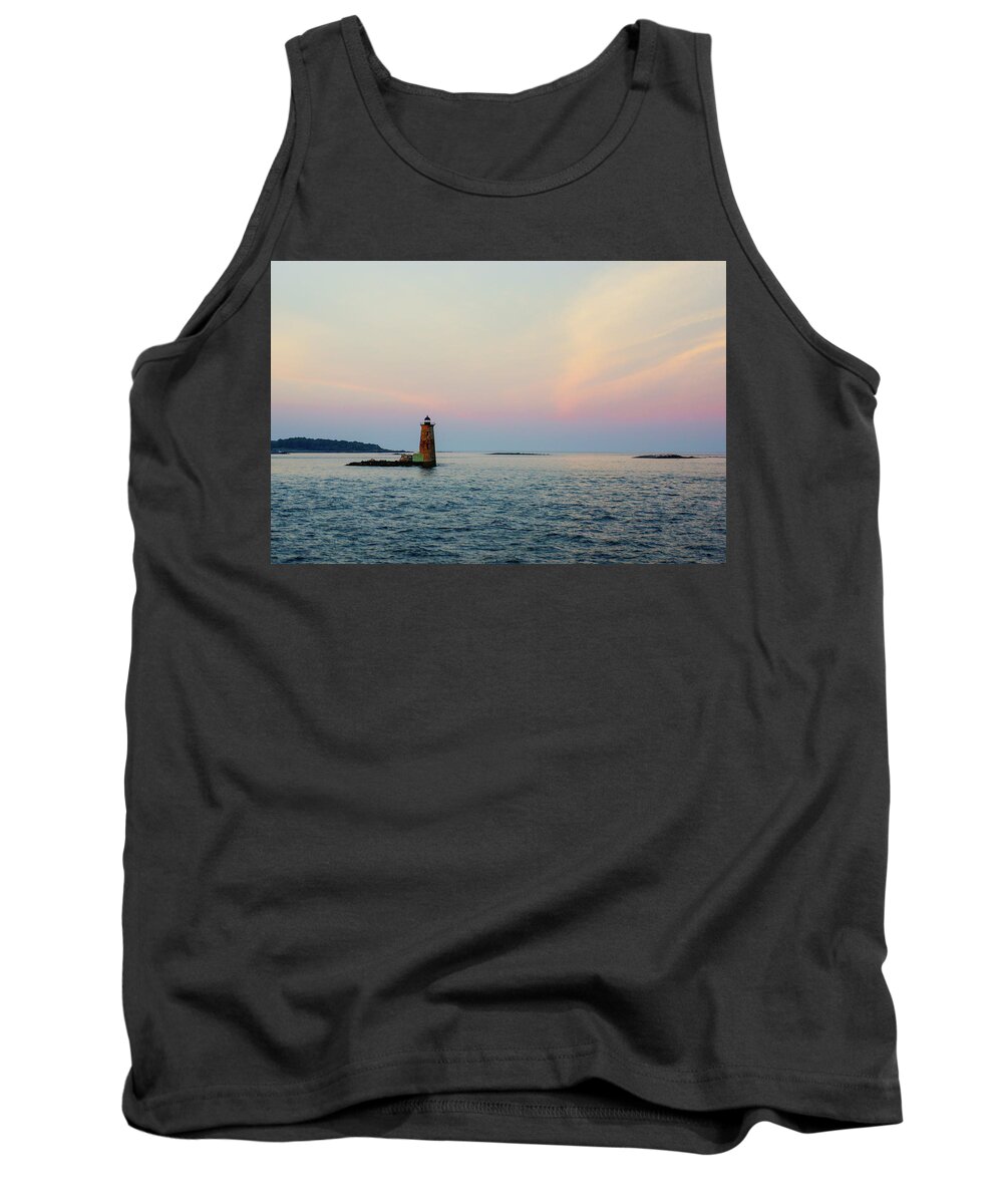 Whaleback Lighthouse Tank Top featuring the digital art Whaleback Lighthouse - Pastel Skies by Deb Bryce
