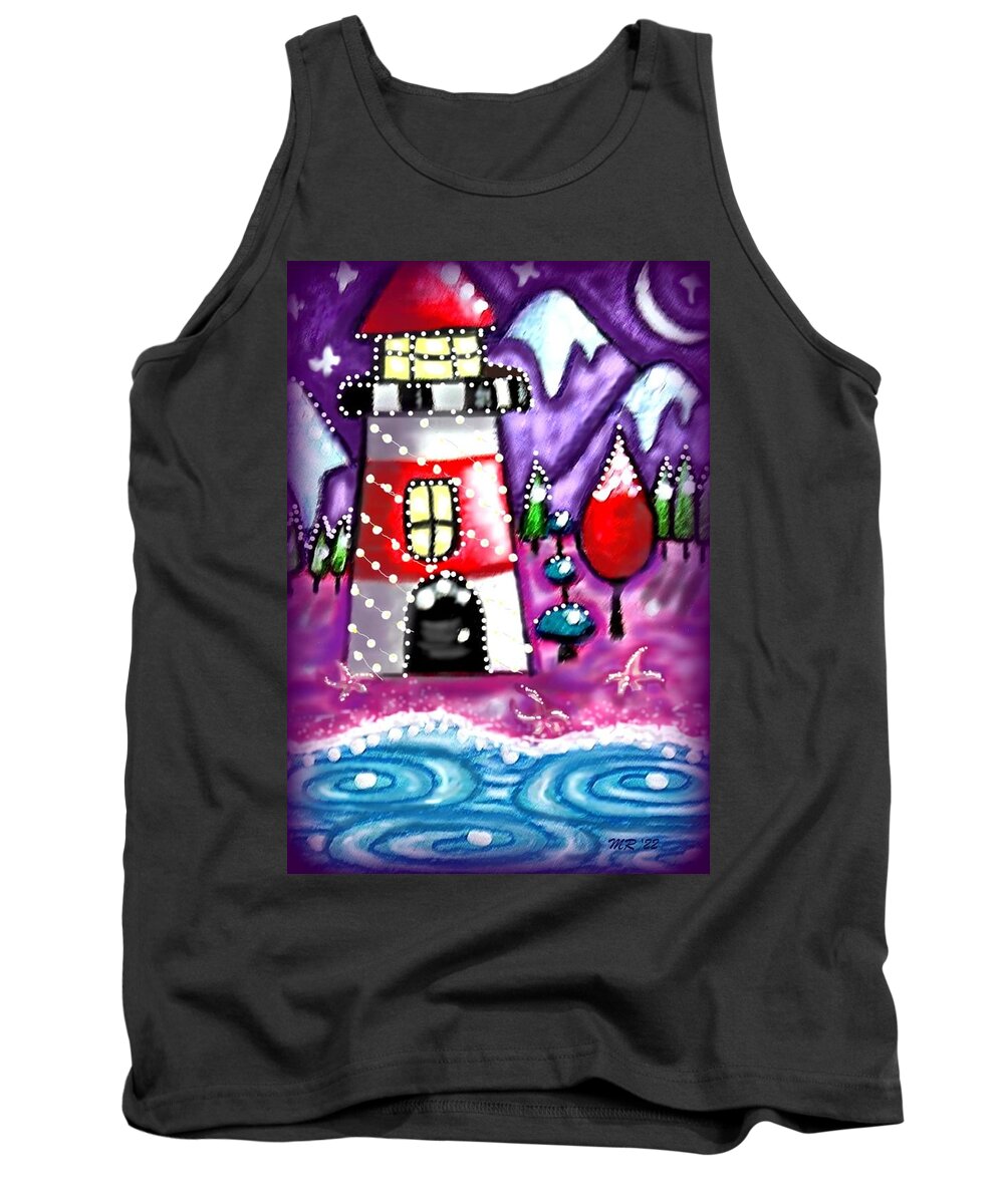 Christmas Tank Top featuring the mixed media Whimsical Christmas Lighthouse by Monica Resinger